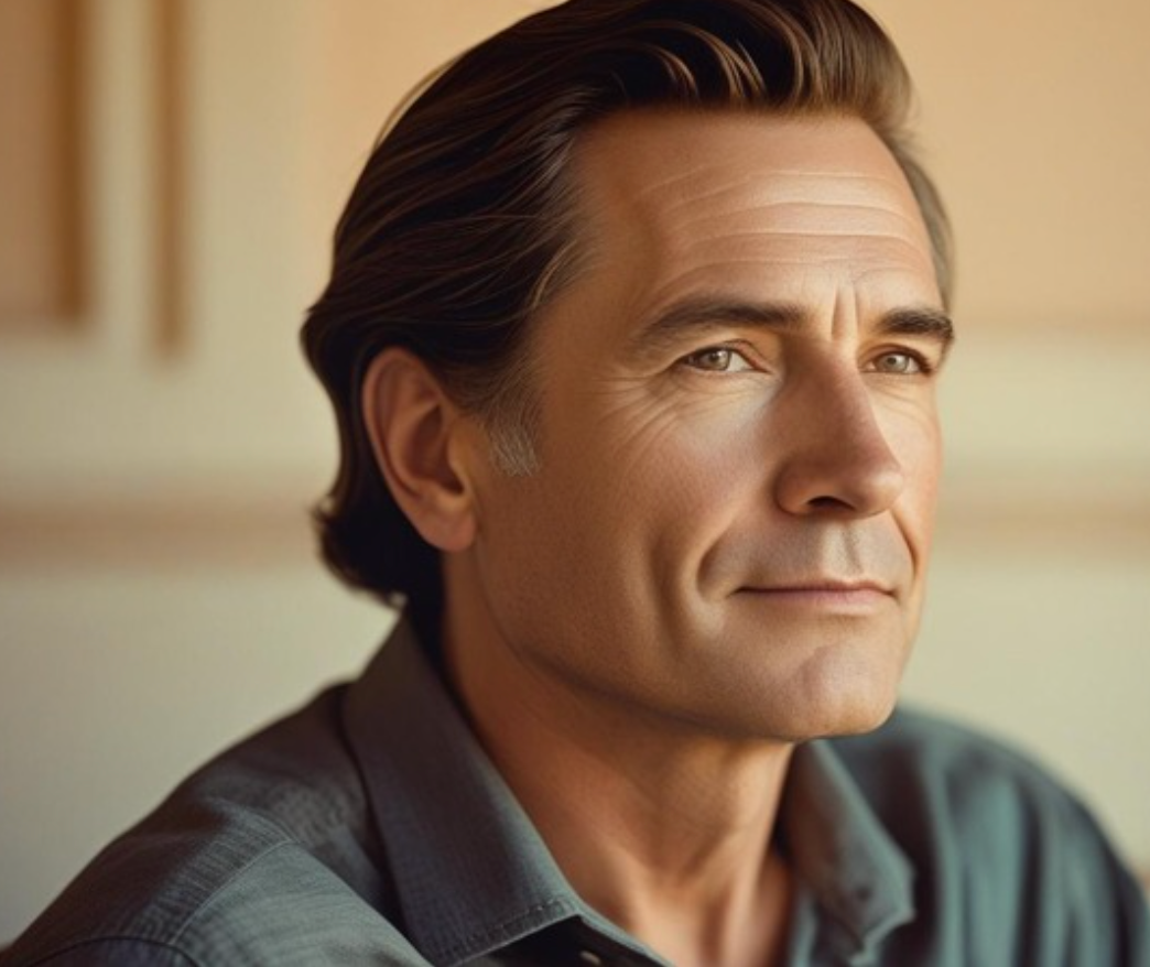 A close up of a man 's face with a serious look on his face