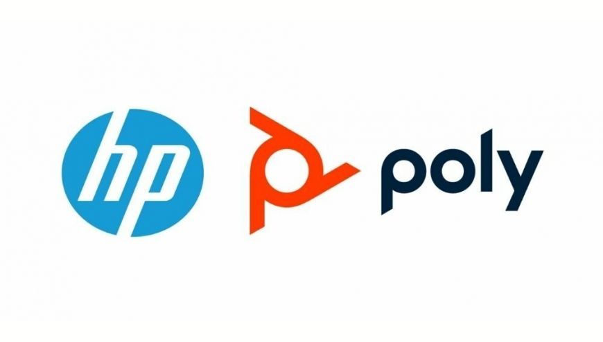 Los logotipos de HP y Poly están sobre un fondo blanco.