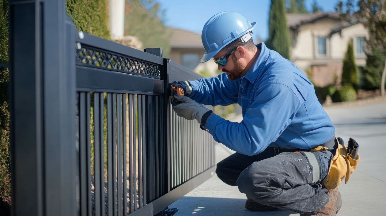 A contractor with a hard hat is installing a fence.