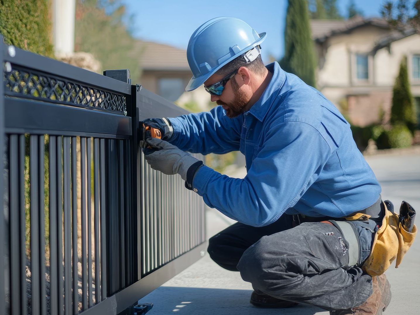 A man wearing a hard hat is working on a fence.