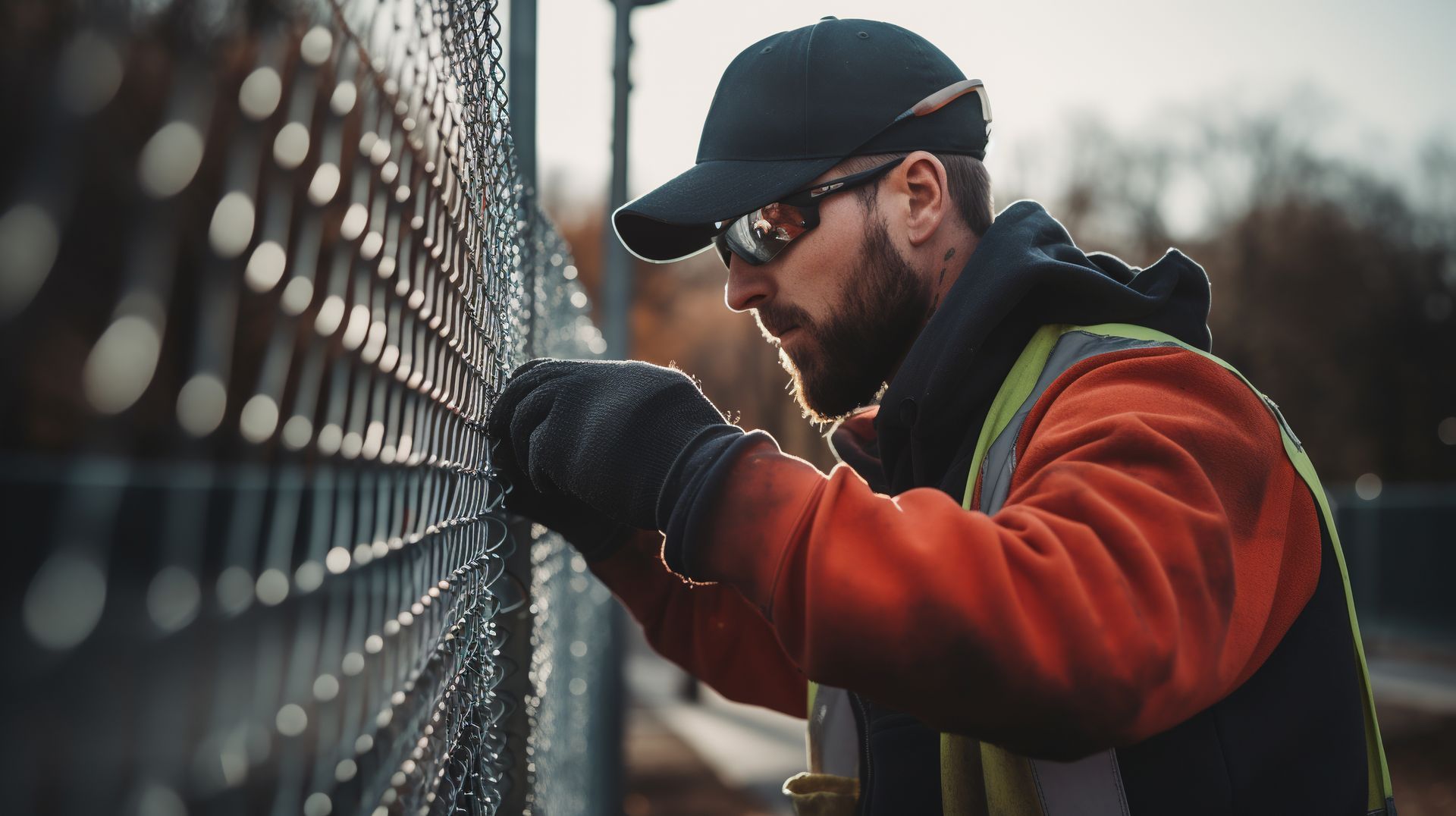 A man is working on a chain link fence.