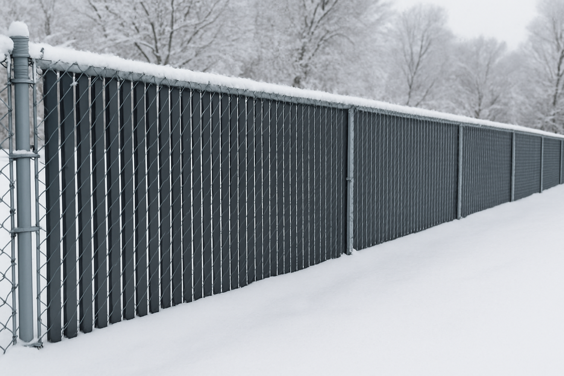 A chain link fence covered in snow with trees in the background