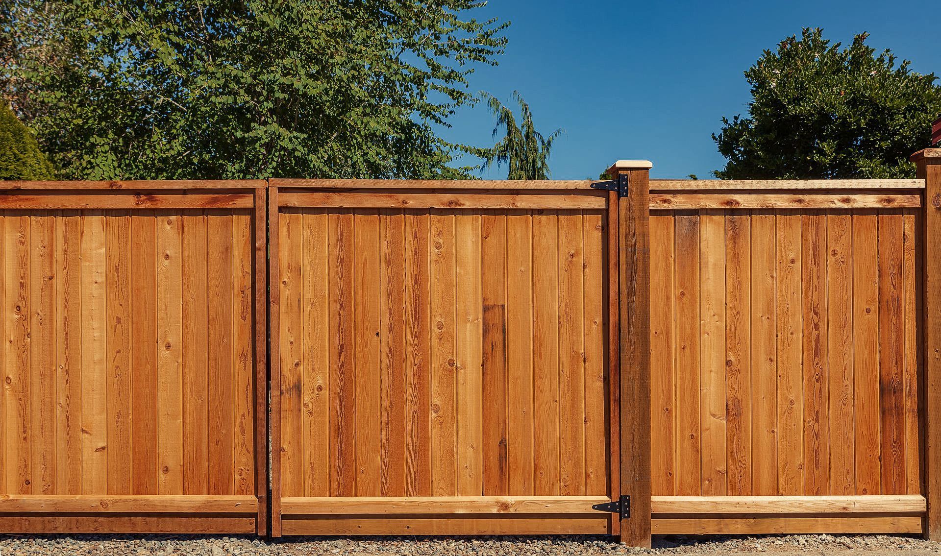 Wooden fence against blue sky, framing a yard.