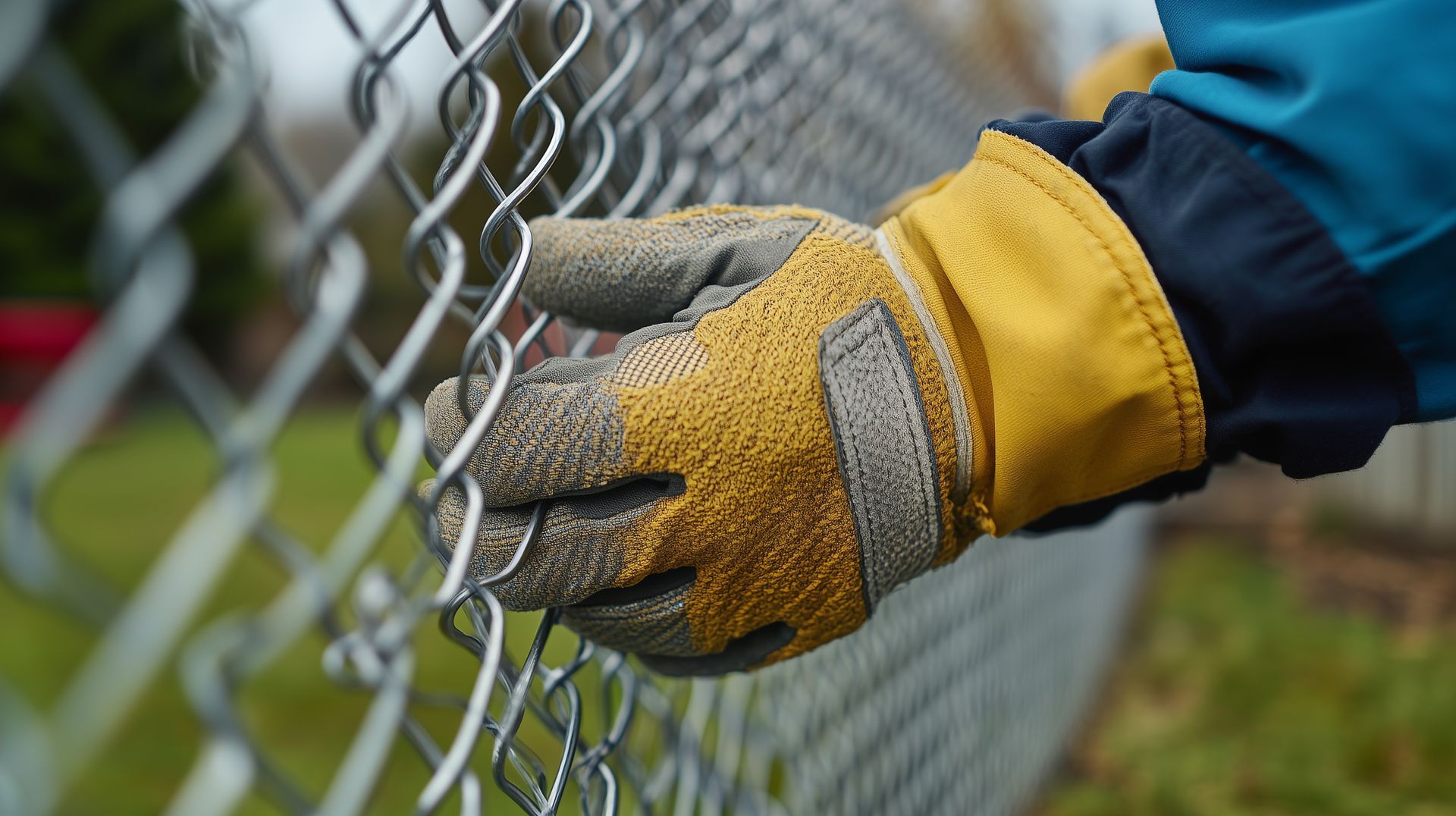 A person wearing gloves is fixing a chain link fence.