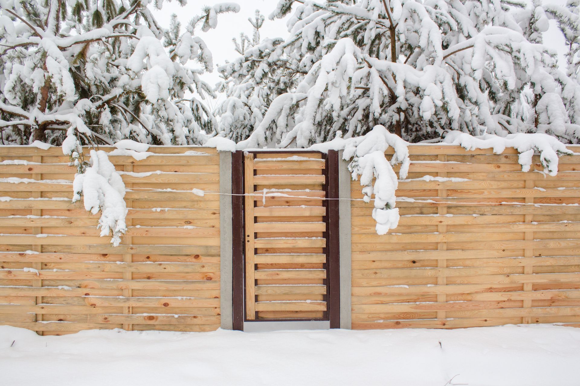 A wooden fence with a gate in the snow surrounded by snow covered trees.