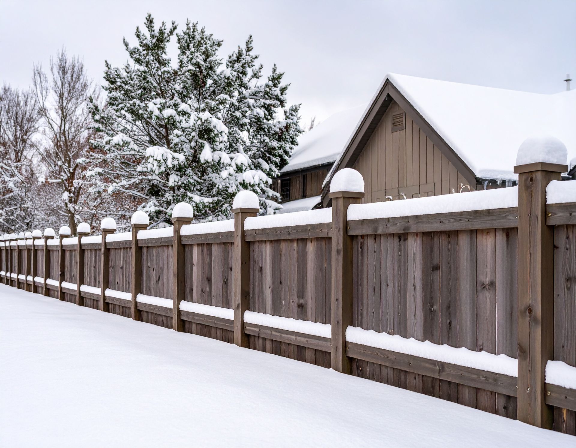A wrought iron fence is surrounded by snow and trees.