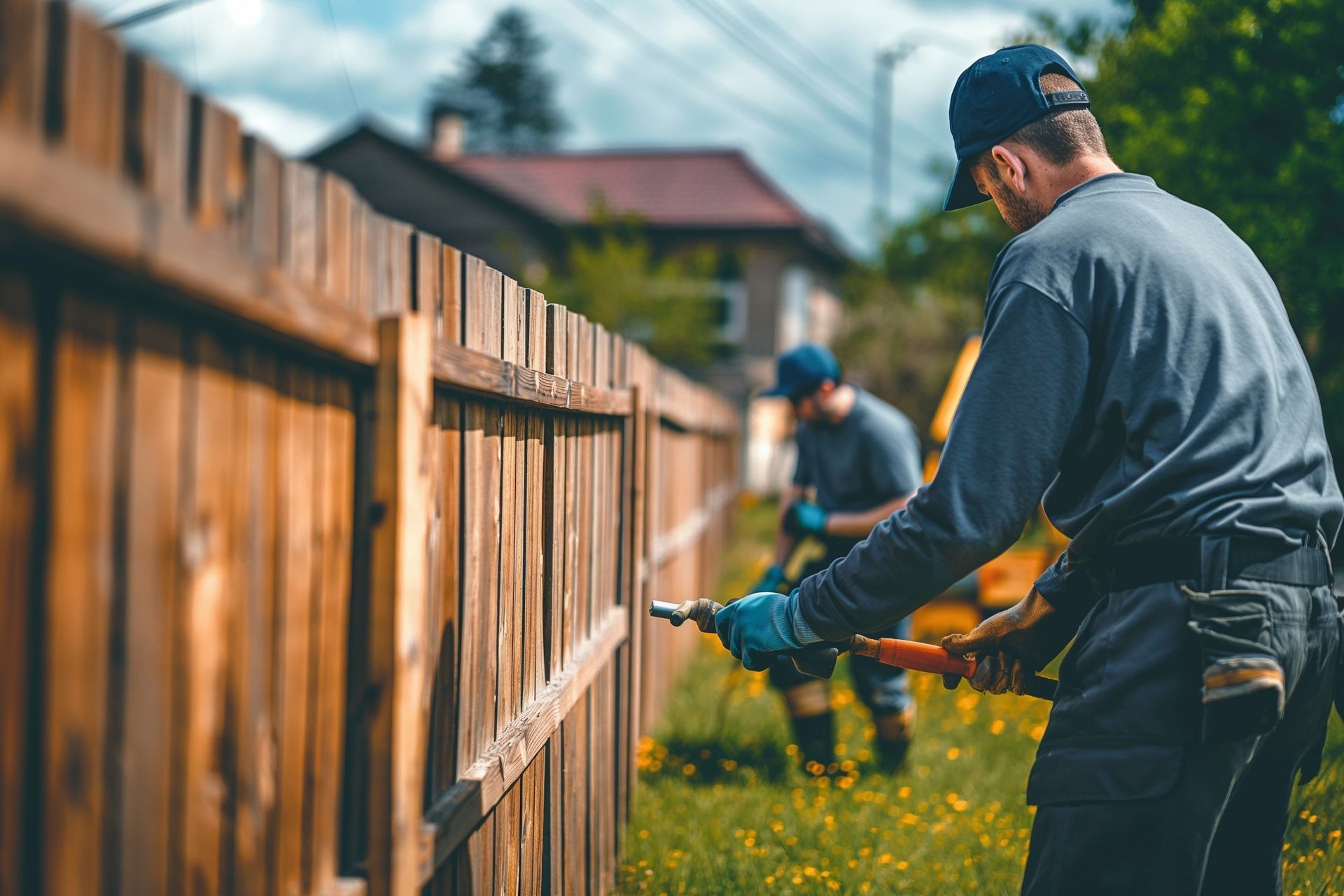 Two workers staining a wooden fence outdoors; one sprays, the other in the background.