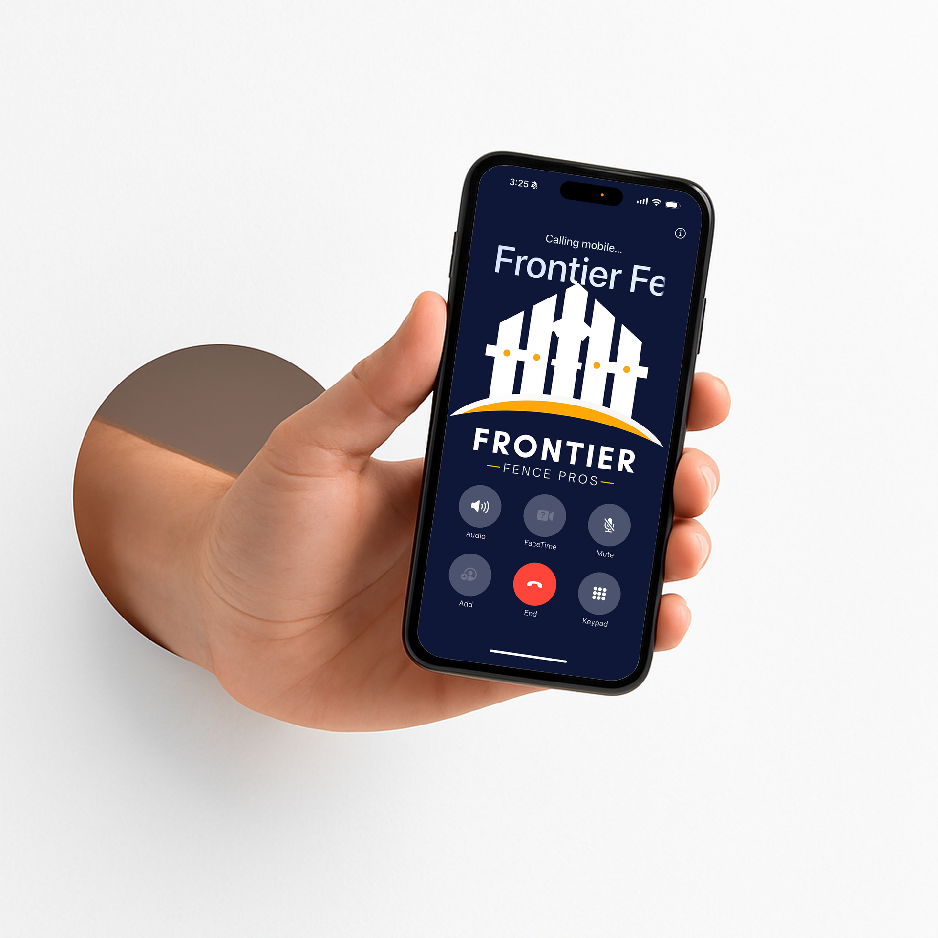 Hand holding phone with Frontier Fence logo on screen.