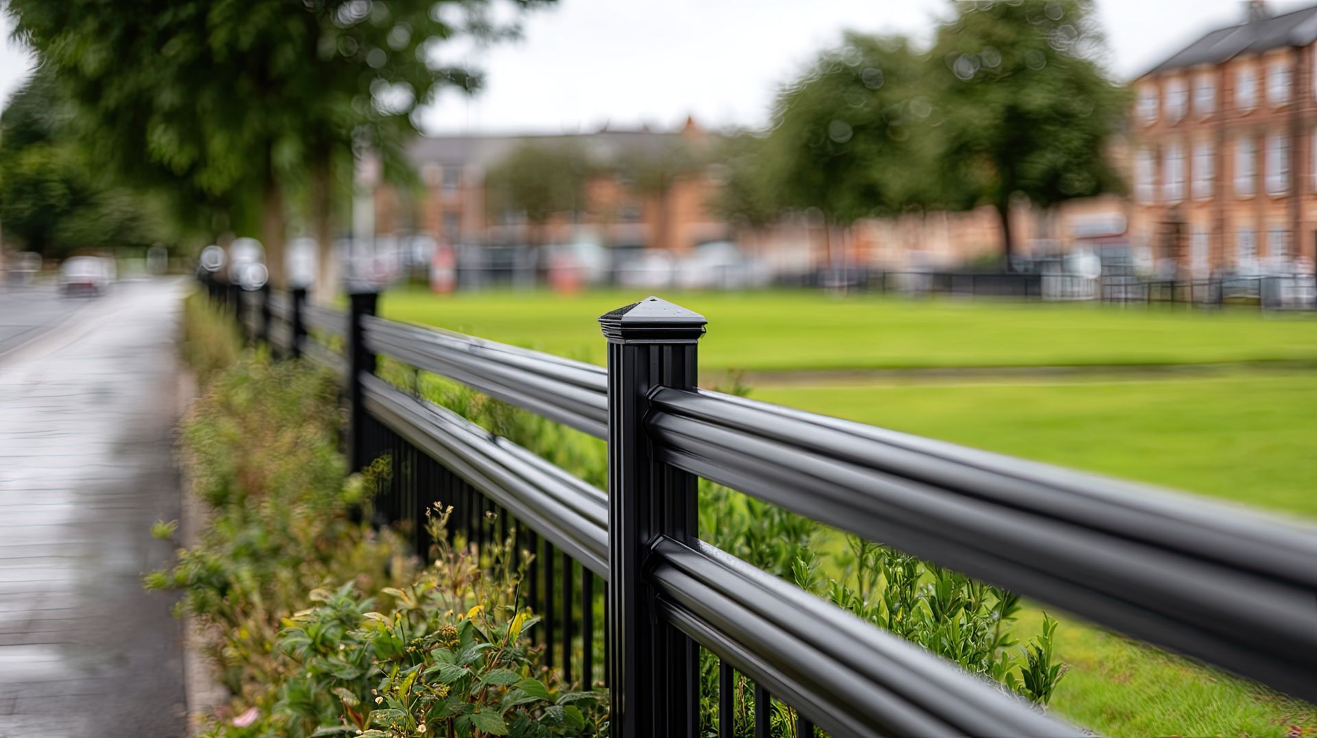 A black fence along a sidewalk with a park in the background.