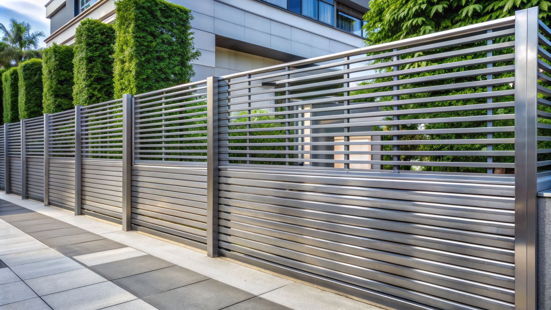 A wooden fence surrounds a lush green lawn in front of a house.