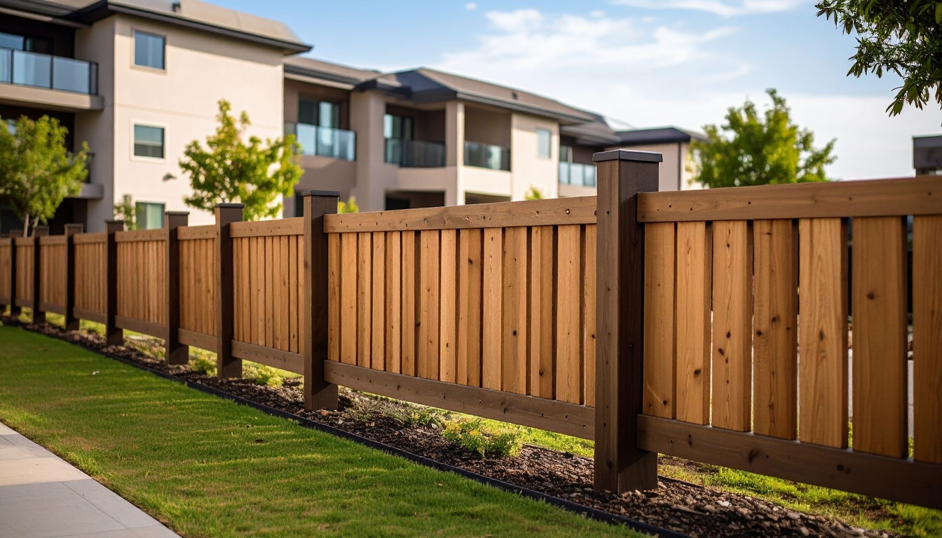 A wooden fence along a sidewalk in front of a building.