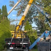 A yellow crane truck with its arm extended, near trees. A person is in the bucket.