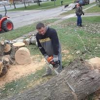 Man using a chainsaw to cut a large log in a grassy yard. He wears work gloves, jeans, and a sweatshirt.