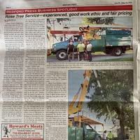 Newspaper clipping showcasing Rose Tree Service. It features a truck with a lift, text, and photos of the tree service and Bedford Press Business Spotlight.