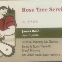 Business card for Rose Tree Service. It shows a cartoon character with a chainsaw and lists services and a phone number.