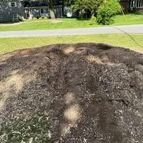 A large pile of dark mulch on the ground, with visible soil patches, sits near a road with houses in the background.
