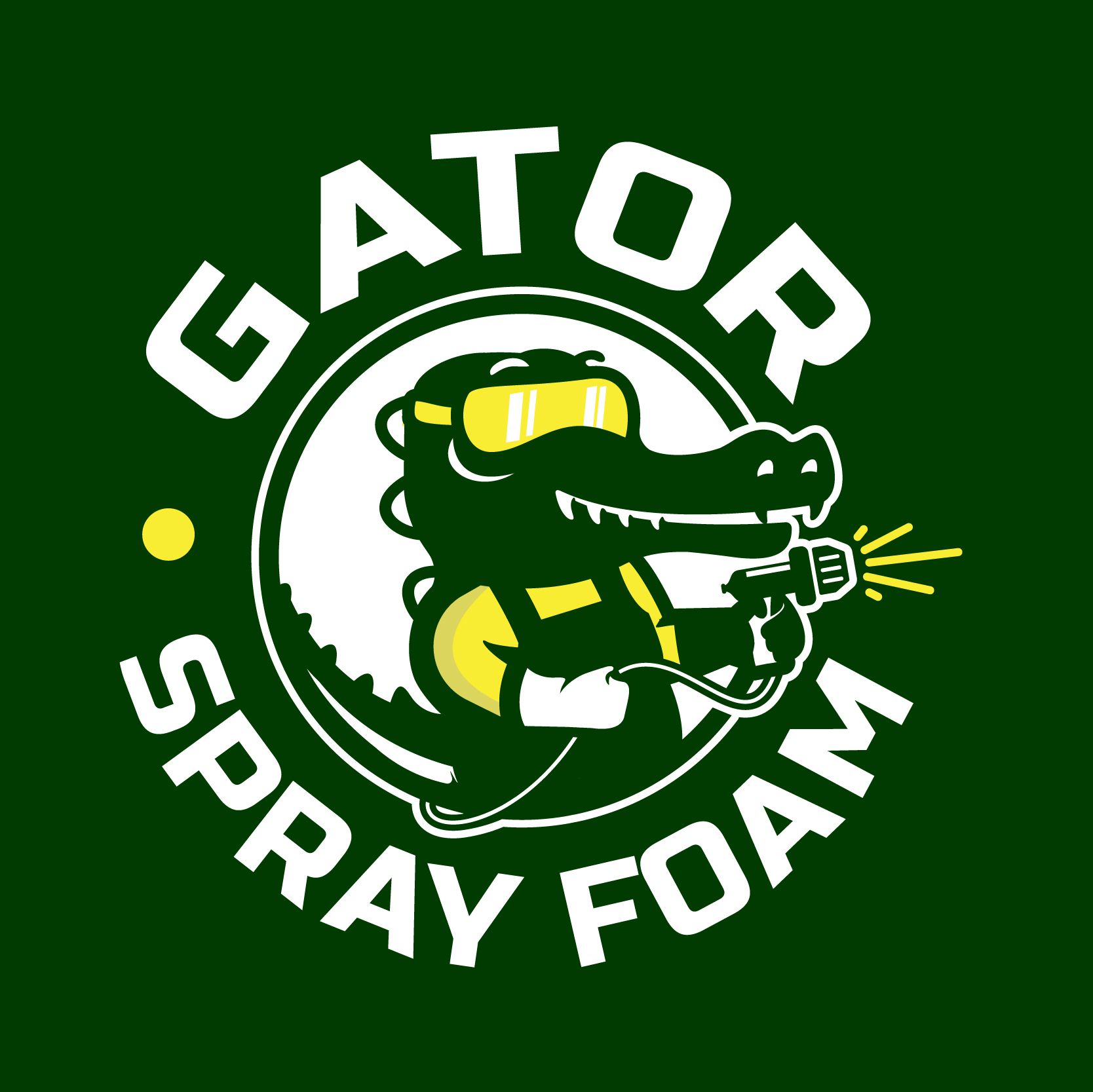 Gator Spray Foam logo: Green alligator wearing goggles and spraying foam, with white text on a dark green background.