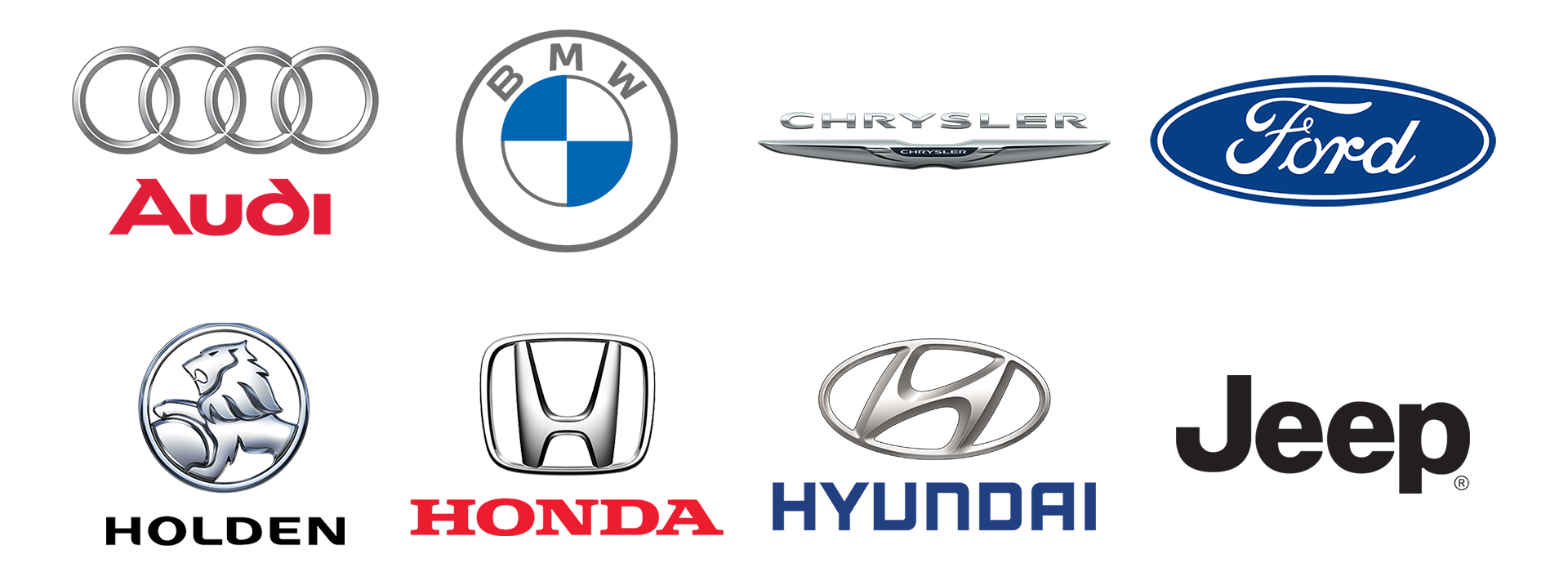 A row of car logos including audi , bmw , chrysler , honda , holden and jeep