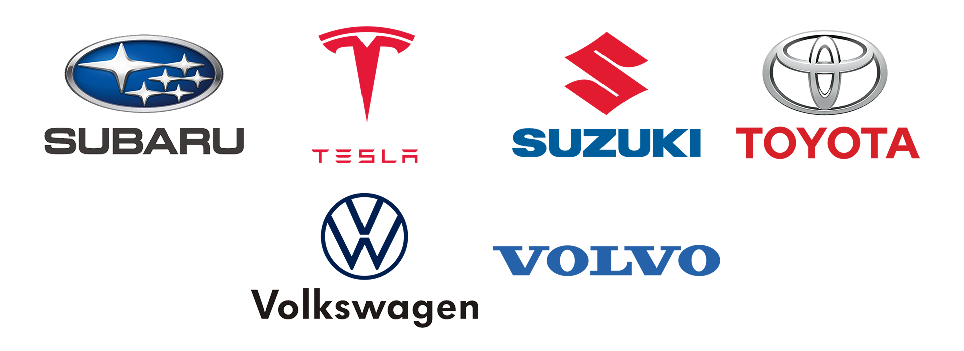 The logos for subaru , tesla , suzuki , toyota and volkswagen are shown on a white background.