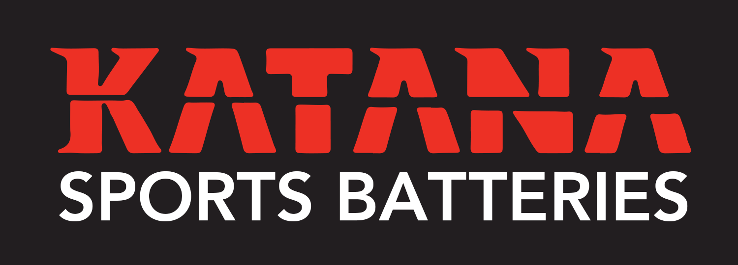A red and white logo for katana sports batteries