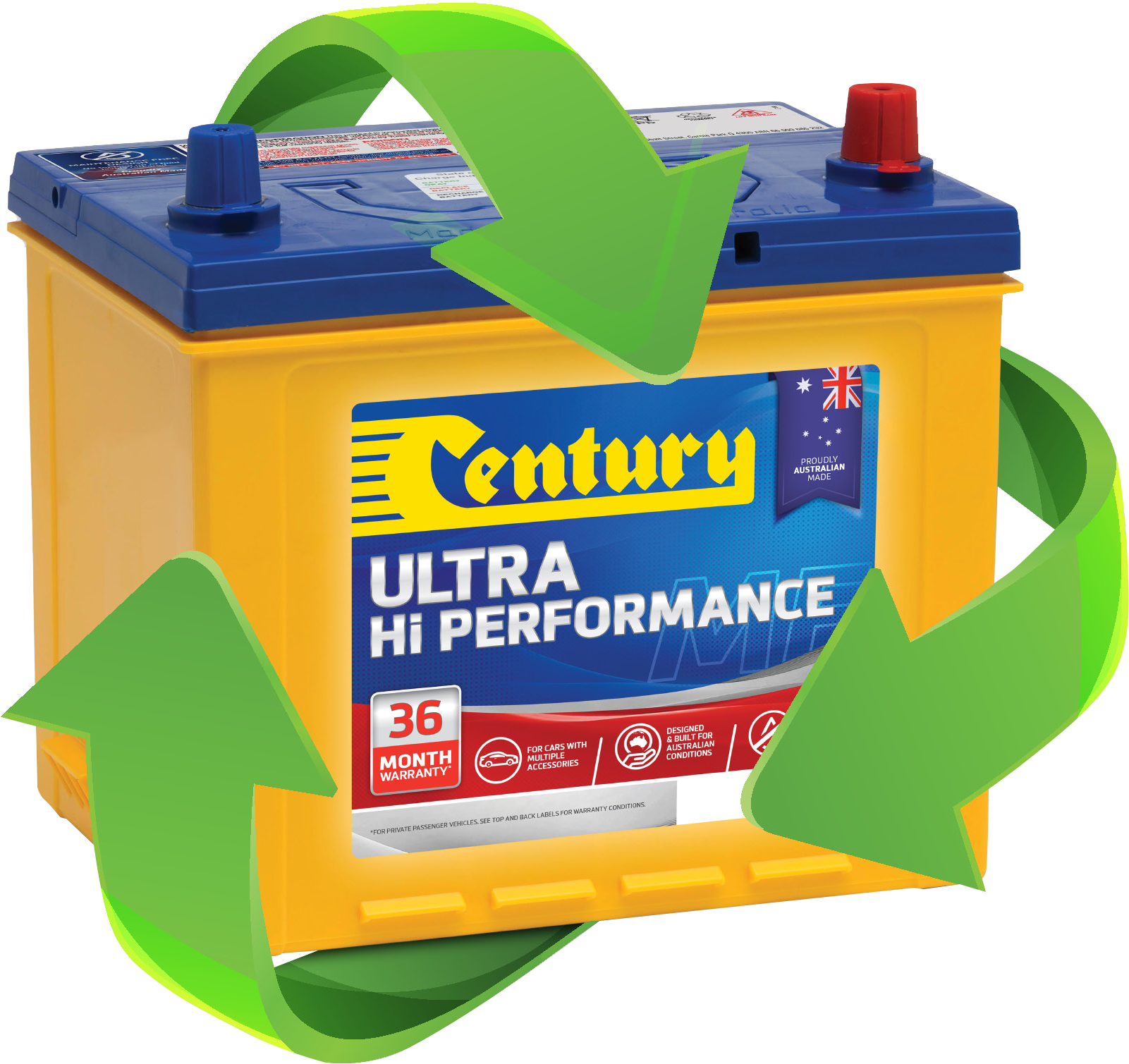 A century ultra hi performance battery with green arrows around it