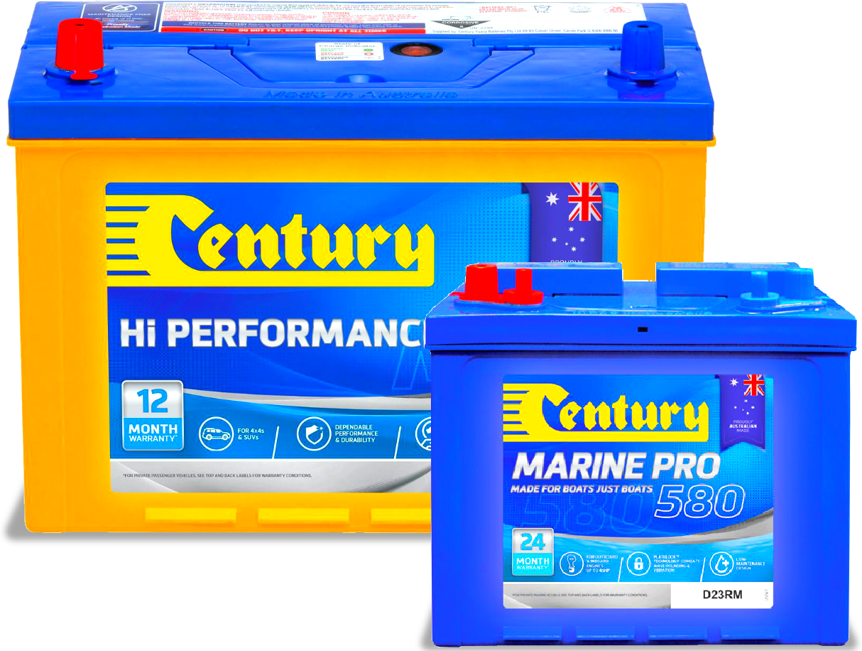 A century marine pro battery sits next to a century hi performance battery