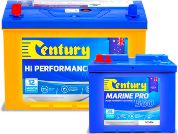 A century marine pro battery sits next to a century hi performance battery