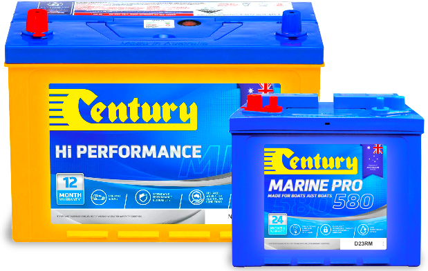 A century marine pro battery sits next to a century hi performance battery