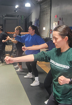 A group of women are practicing martial arts in a gym.