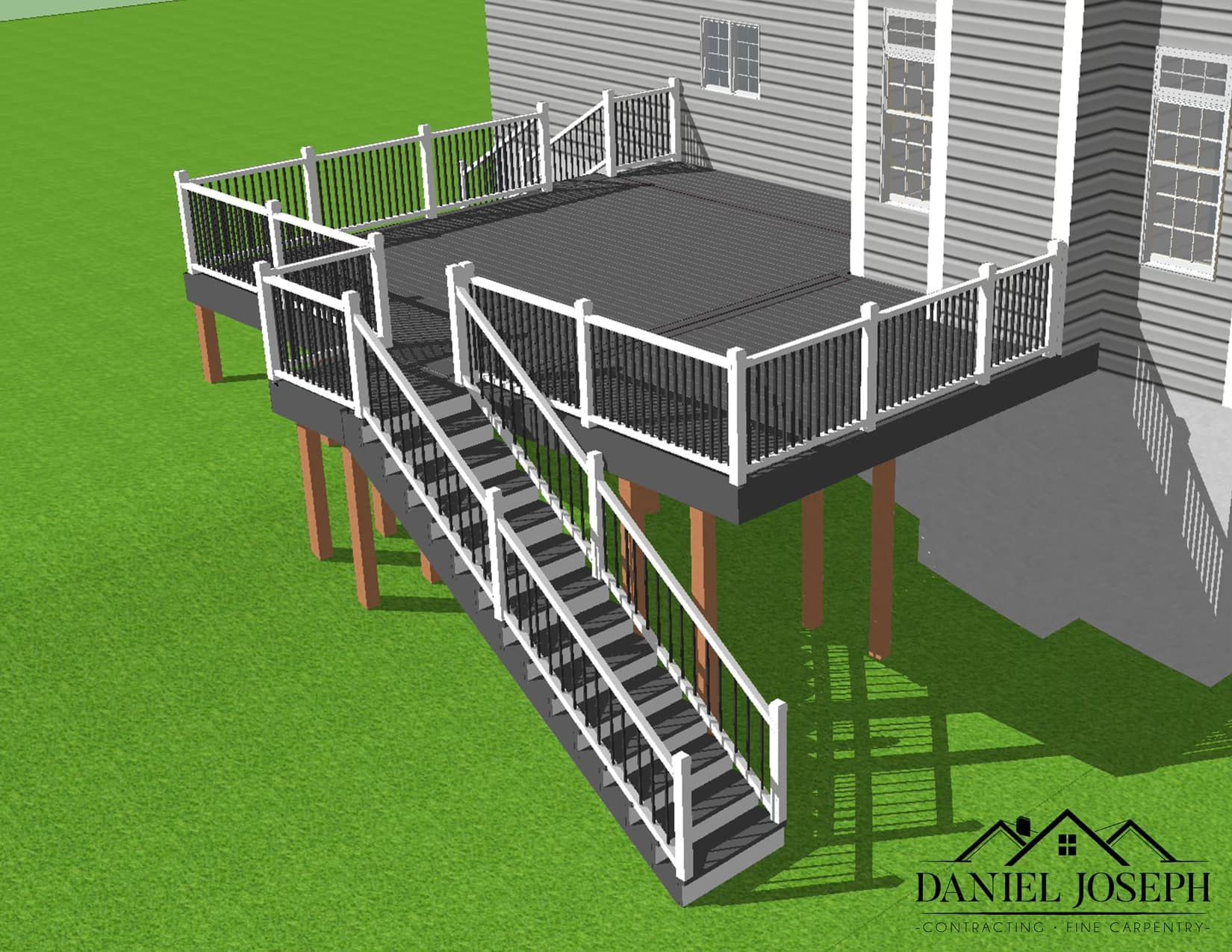 A 3d model of a deck with stairs leading up to it