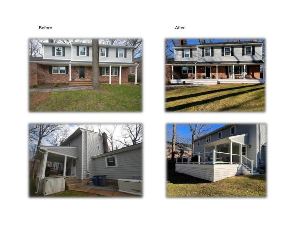 A before and after picture of a house with a screened in porch