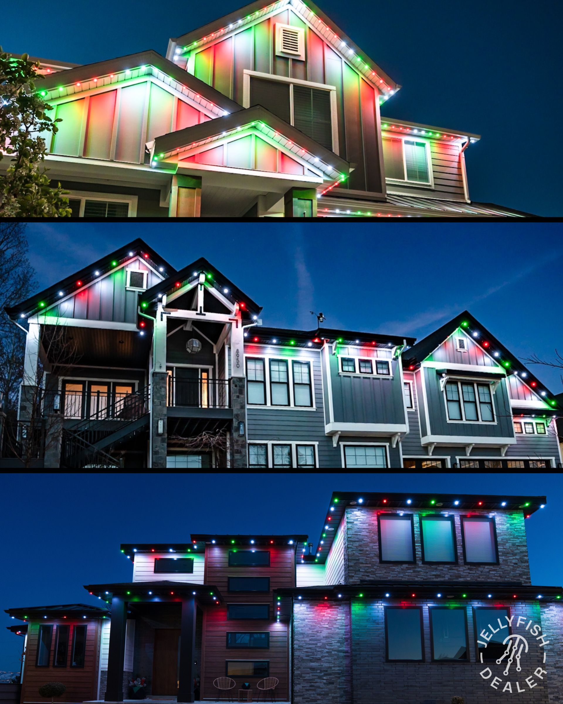 Three Bonney Lake homes displaying different JellyFish permanent holiday lighting scenes, including multi-color accents and seasonal roofline washes.