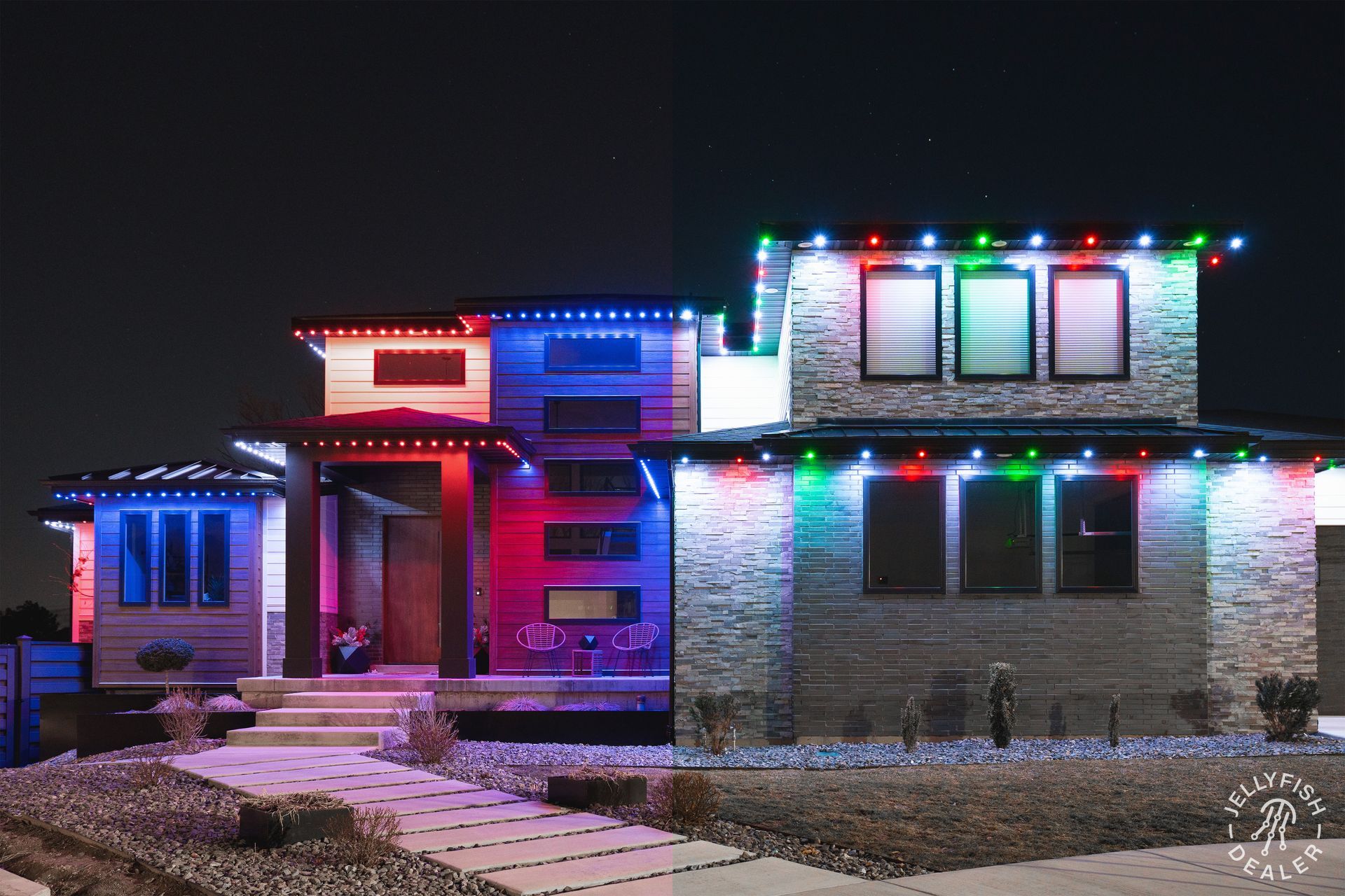 Modern home lit with JellyFish Lighting showing two preset styles: patriotic red/white/blue on the left and classic holiday colors on the right.