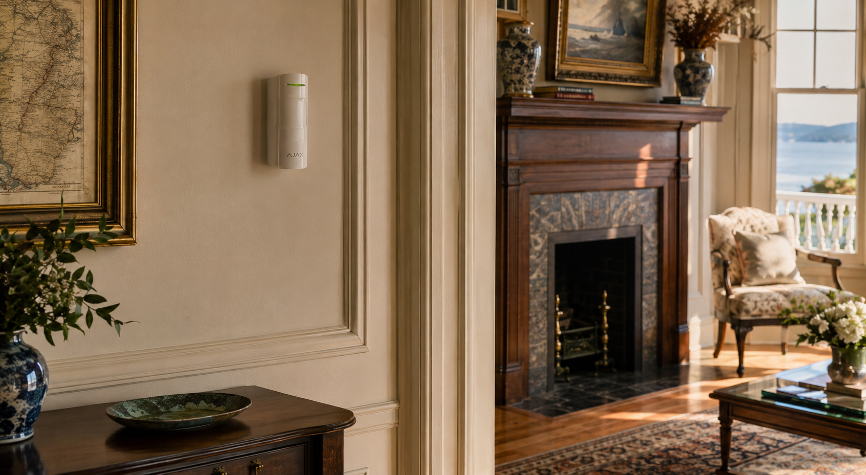 Ajax wireless security keypad mounted discreetly on a historic Port Townsend wall