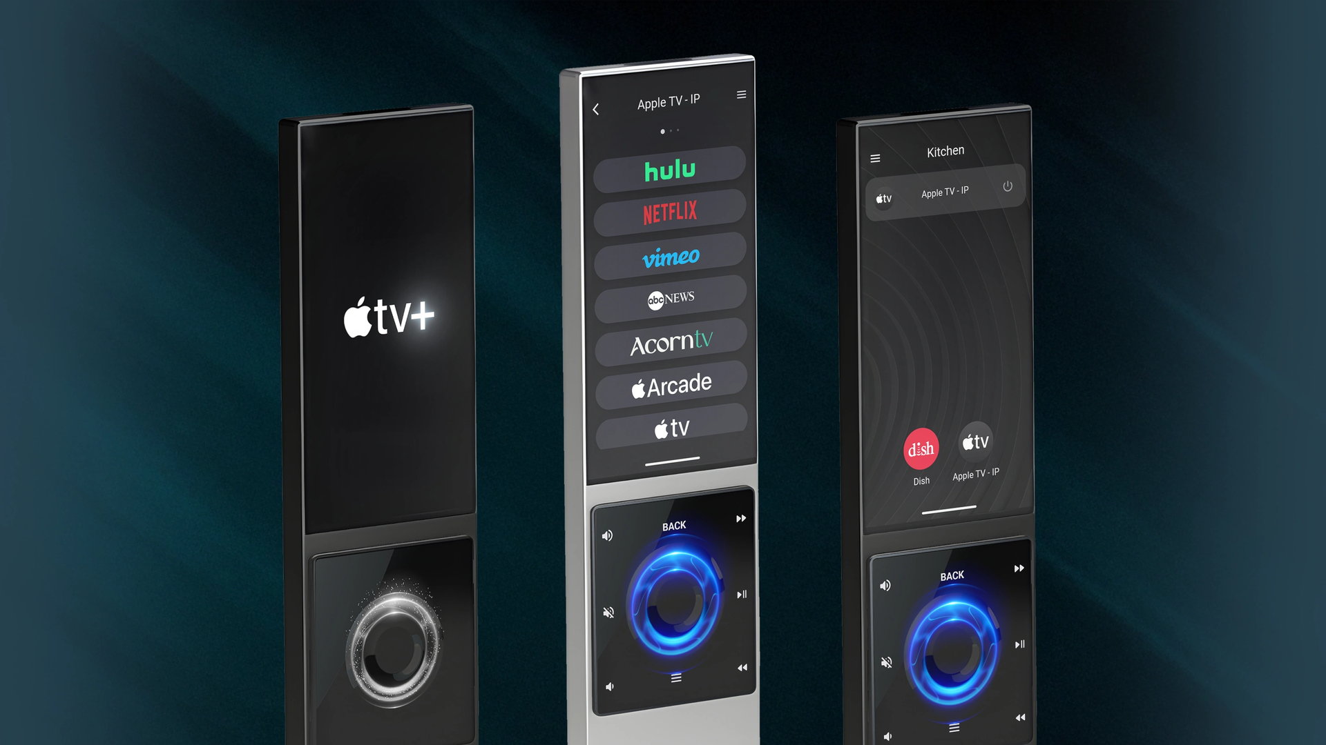 Close-up of modern smart home remotes and controllers displayed side by side on a dark background.