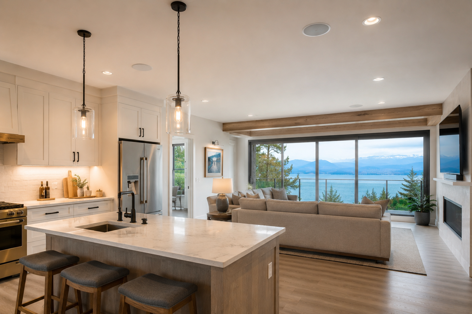 Architectural in-ceiling speakers in a modern Sequim, WA open-plan home with water and mountain views