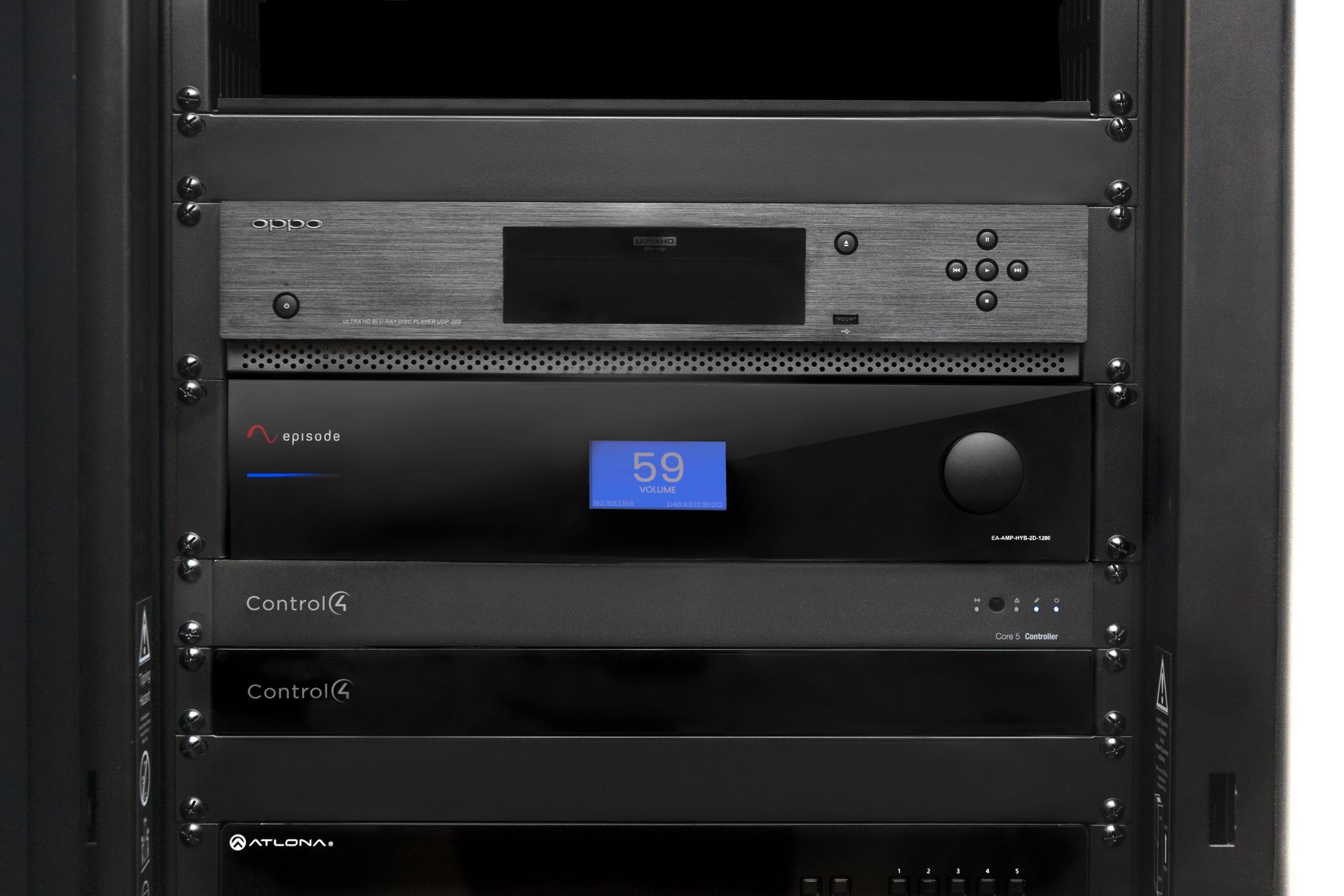 “Professional audio rack with amplifiers and audio control equipment installed in a structured enclosure.