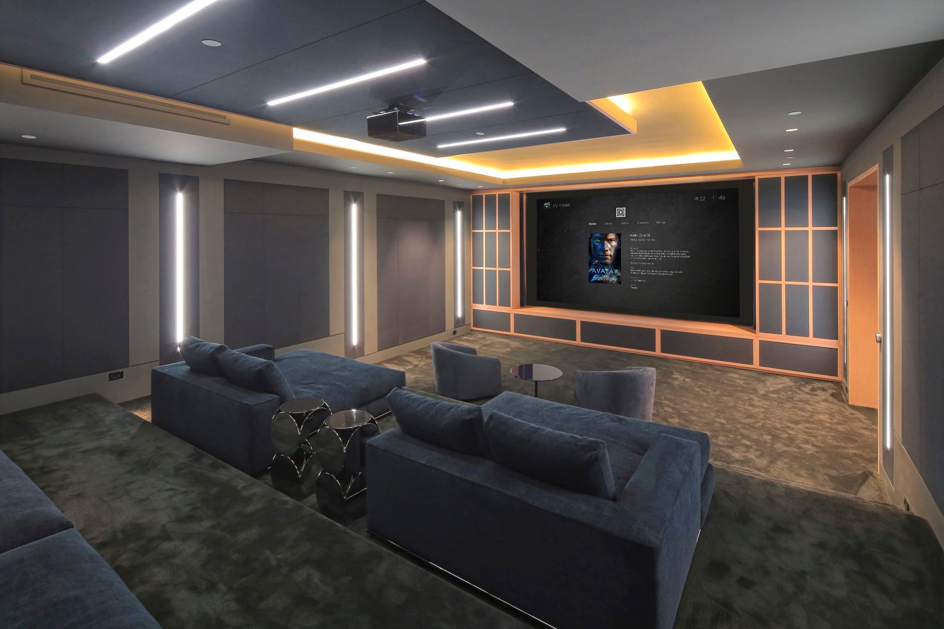 Luxury home theater installation in Puyallup featuring Control4 automation, acoustic wall panels, LED lighting, and 4K projection system by Rivas Technology Group.