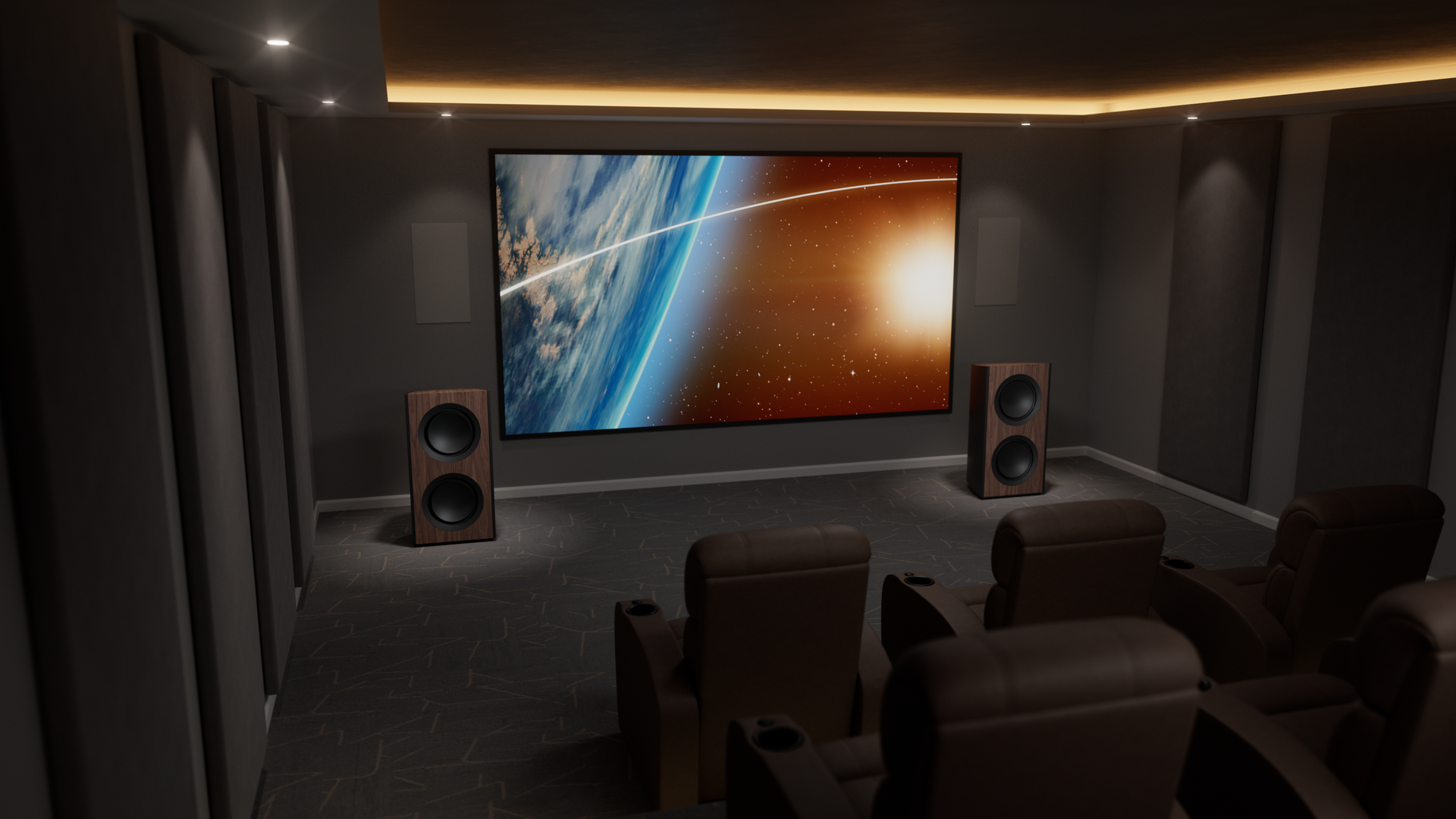 Luxury home theater room featuring high-performance audio, acoustic treatments, and custom lighting
