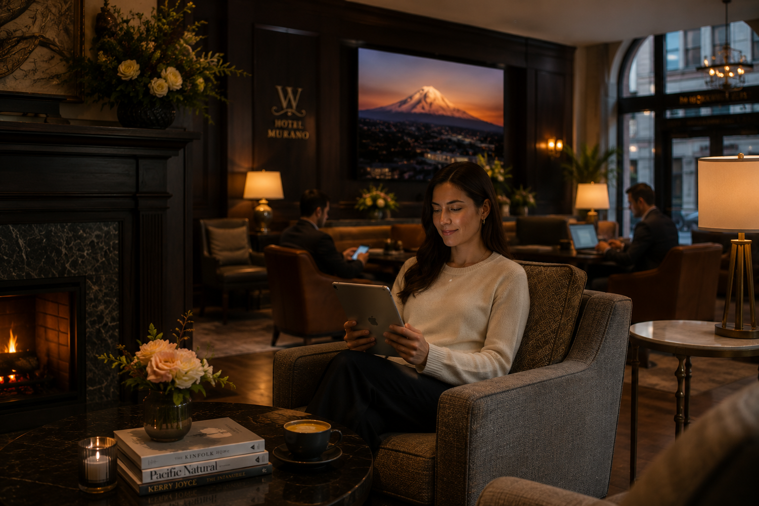 Hotel guest comfortably online in a well-designed room on reliable guest WiFi