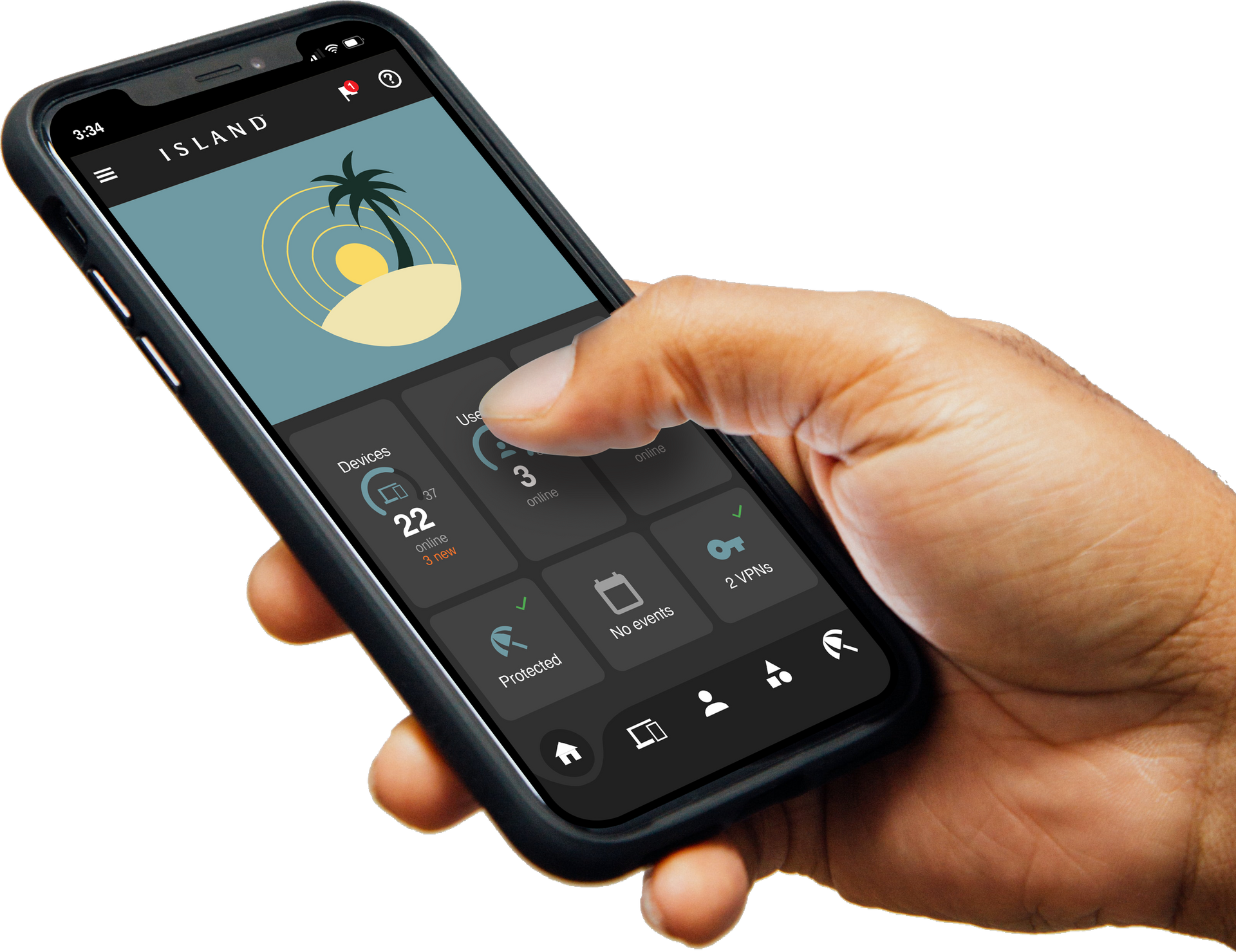 Close-up of the Island Router mobile app showing smart home network control on a smartphone.