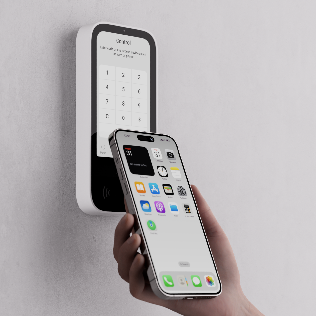 Ajax KeyPad TouchScreen with a smartphone used as a contactless access card to arm and disarm a home security system