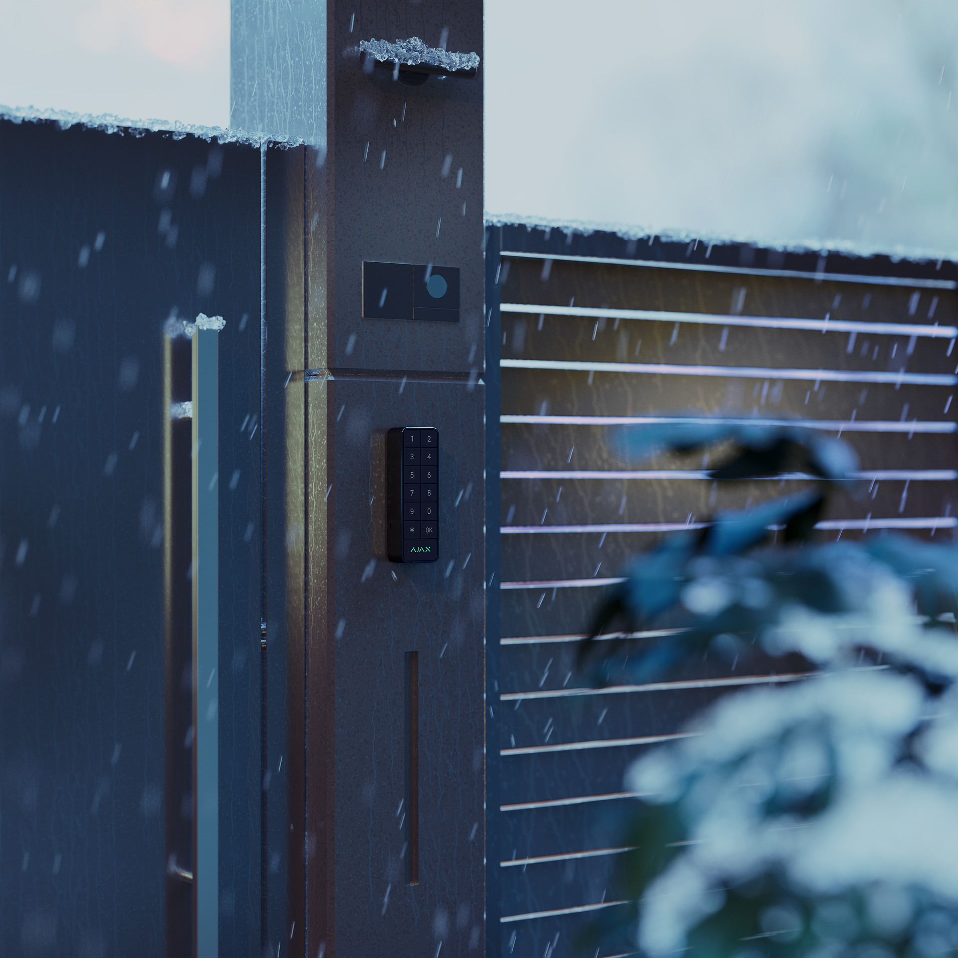 Ajax KeyPad Outdoor Fibra mounted on a commercial building exterior in winter, weatherproof access control by Rivas Technology Group