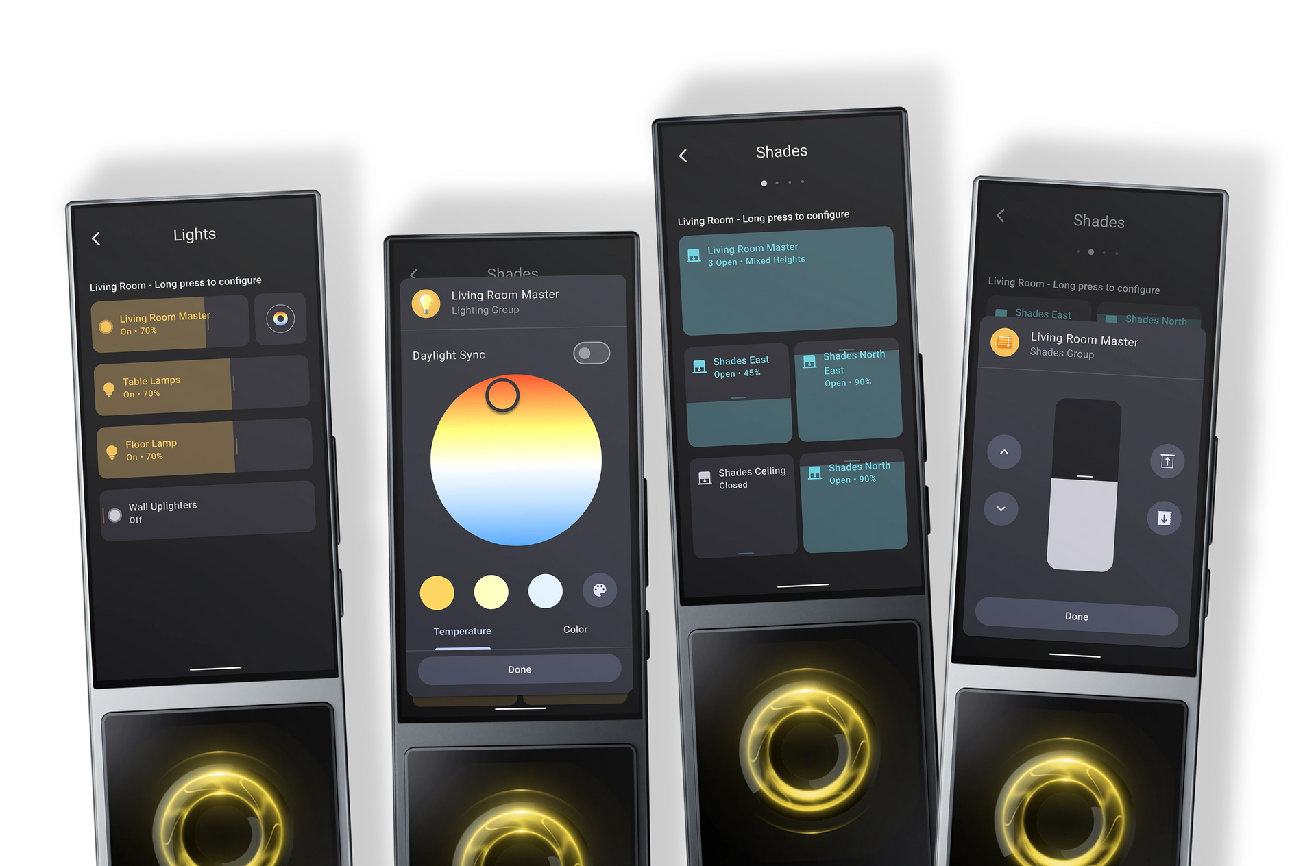 Two black remote controls on a white surface, one with a touchscreen showing icons, the other with buttons.