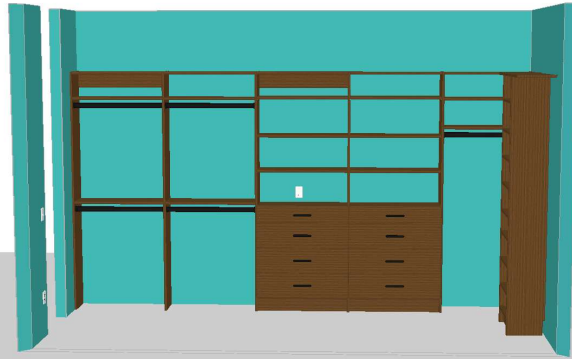Custom master closet design layout for integrated LED lighting and shelving by Rivas Technology Group.
