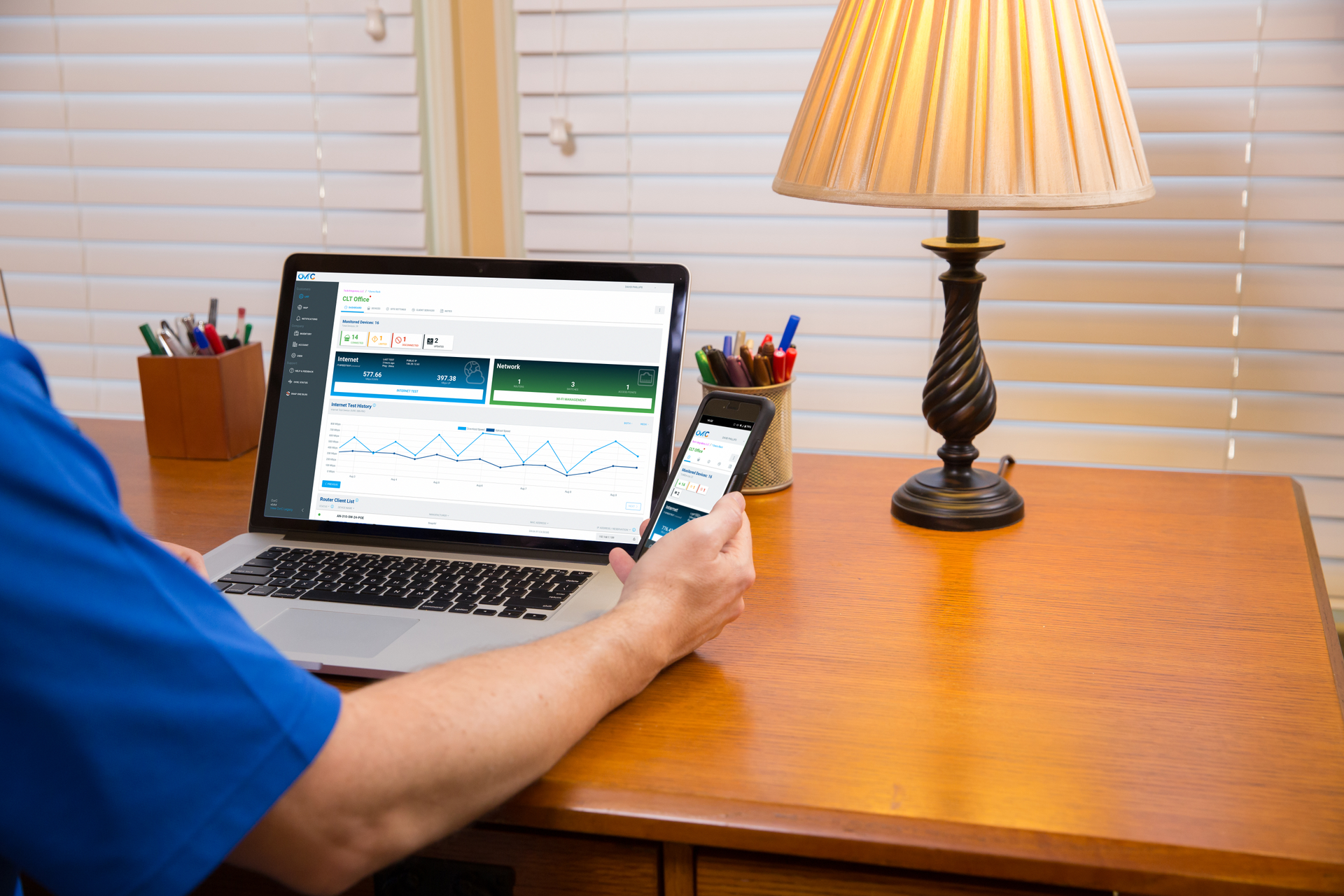 Home network diagnostics for a smart home system, showing Wi-Fi performance testing and device stability checks.