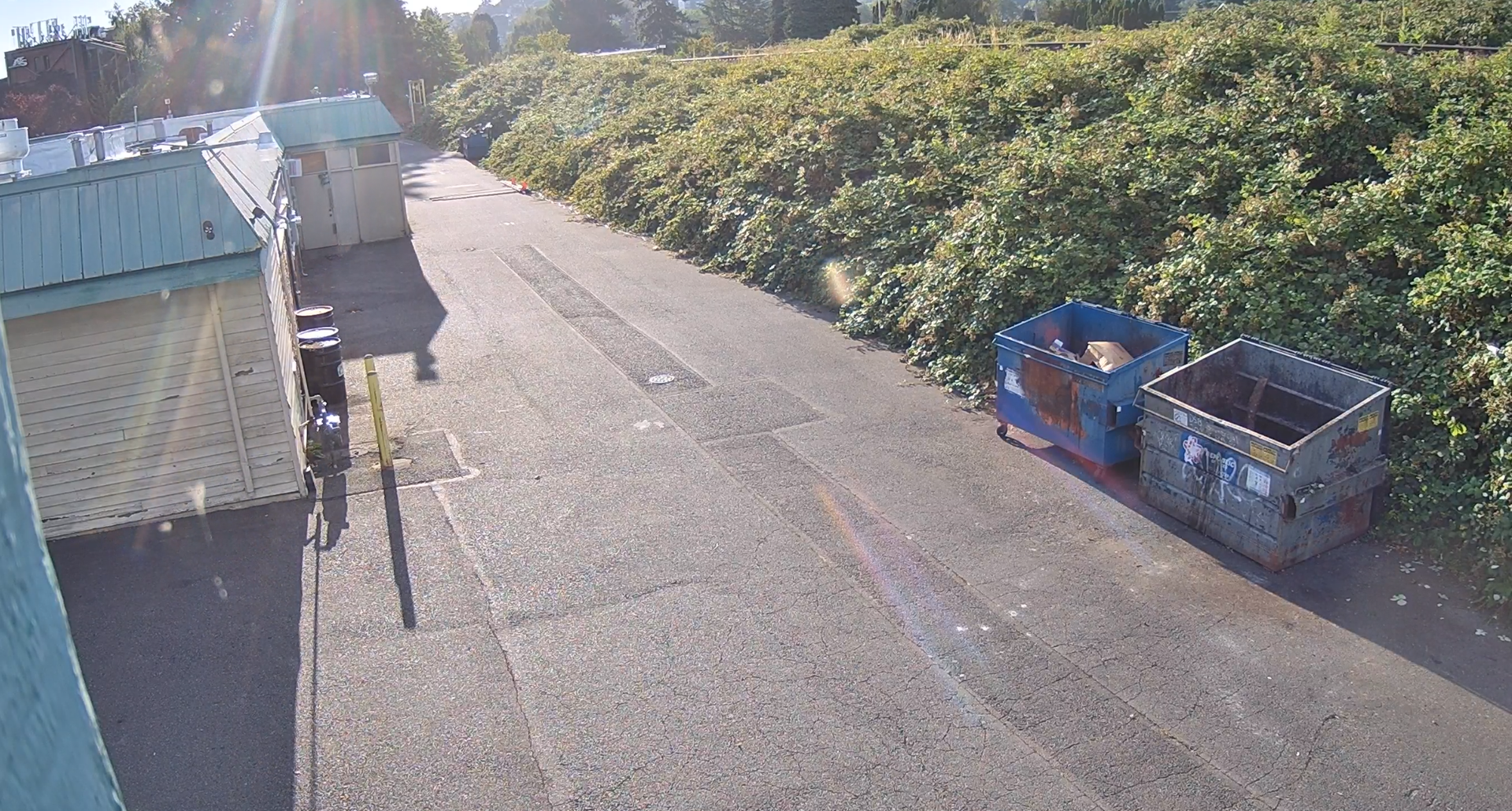 Surveillance camera view of rear alley and service area at Clyde's BBQ