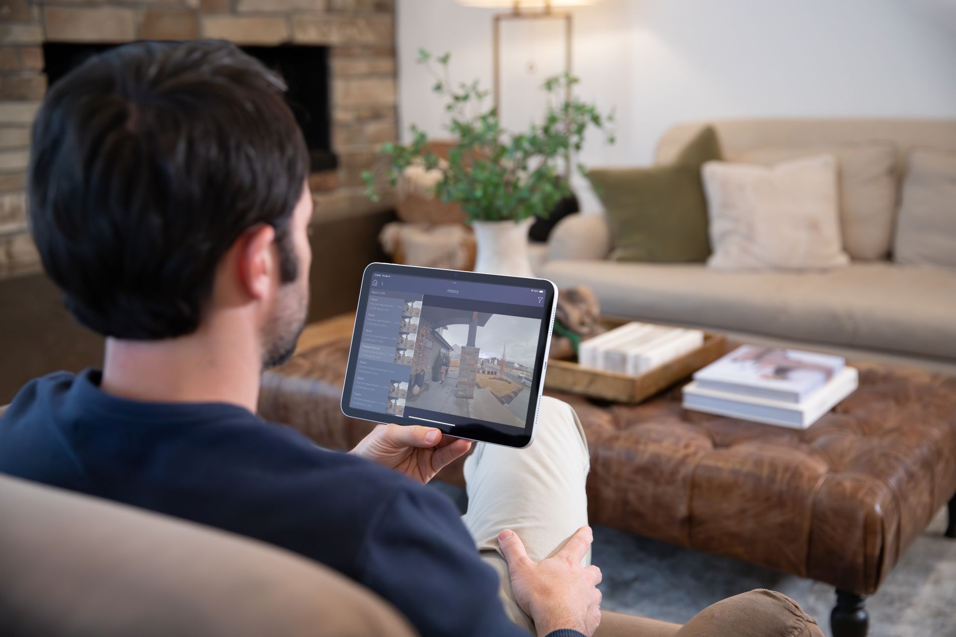 Homeowner monitoring live security footage on a tablet using Control4 and IC Realtime smart home integration inside a Gig Harbor living room.