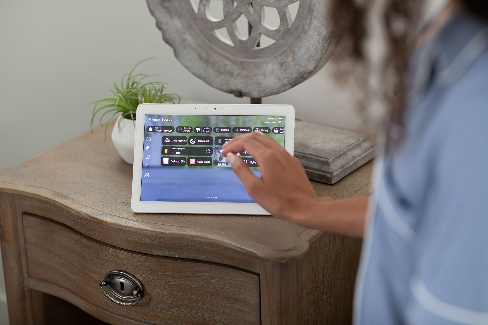 Home automation control interface managing shades and lighting in bedroom