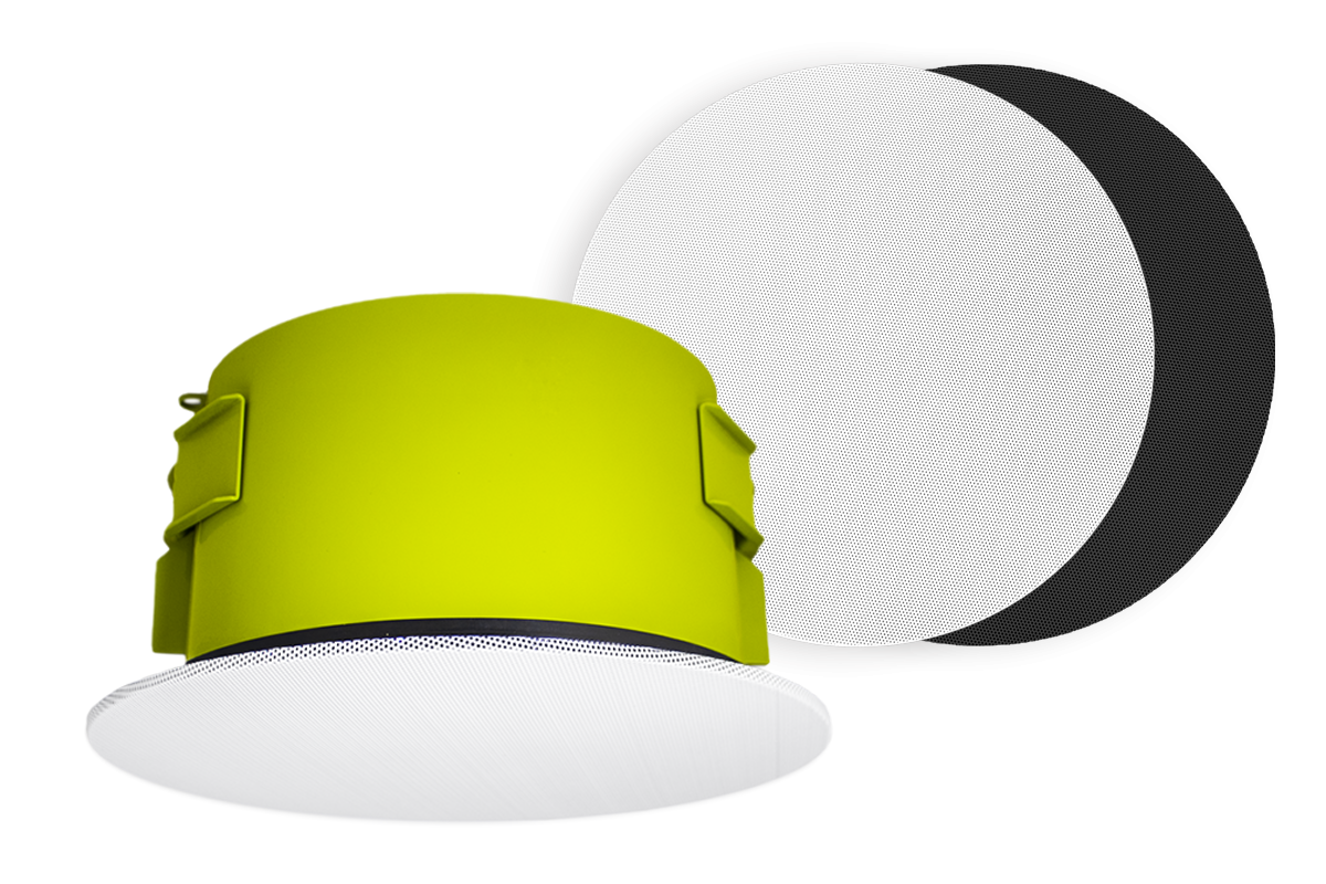 Soundtube PoE in-ceiling speaker with grille shown in modern architectural design